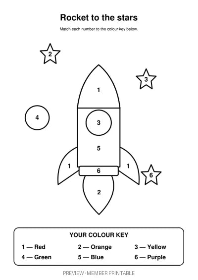 Rocket to the Stars — colour by number with colour key watermarked preview