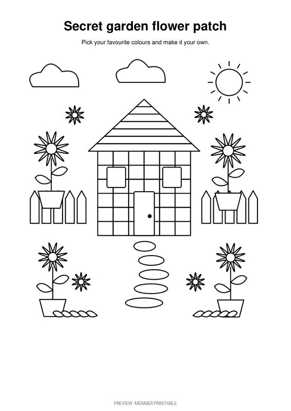 Detailed v2 secret garden flower patch — plain colouring preview