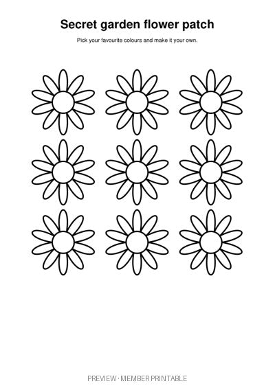 Secret Garden Flower Patch: plain black-and-white colouring preview