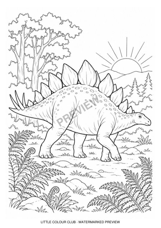 Stegosaurus crossing a wooded clearing with fern foreground and rising sun – black-and-white dinosaur colouring page for ages 7-8