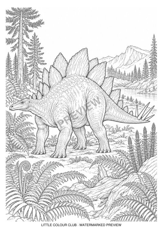 Stegosaurus in a complex fern and conifer landscape – black-and-white dinosaur colouring page for ages 13+