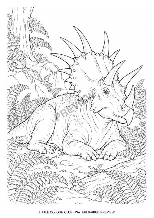Styracosaurus resting in a fern hollow, carefully separated horns – black-and-white dinosaur colouring page for ages 7-8