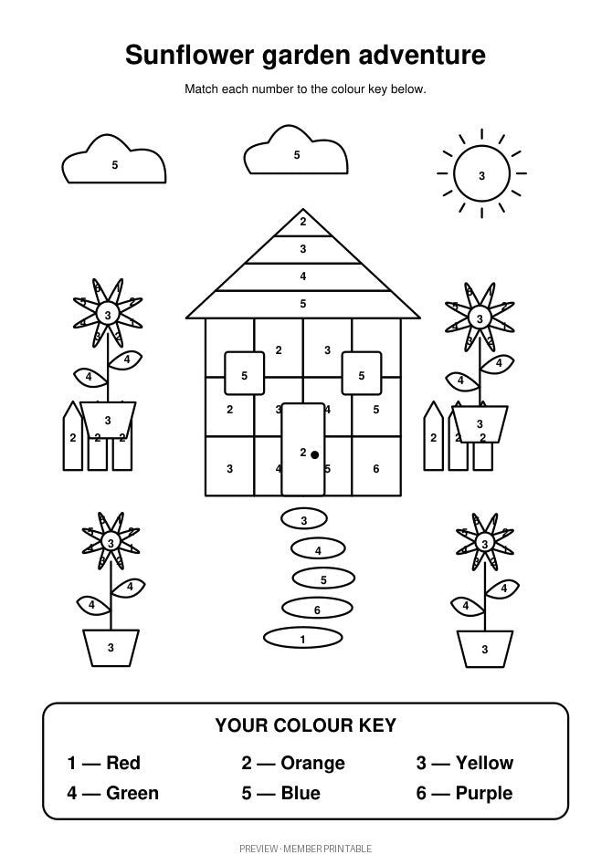 Detailed v2 sunflower garden adventure — colour by number with key preview