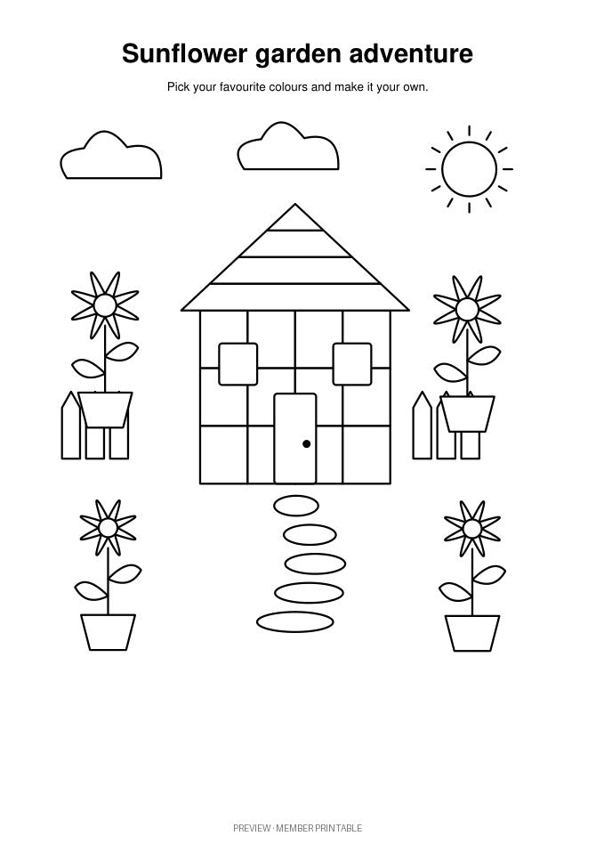Detailed v2 sunflower garden adventure — plain colouring preview