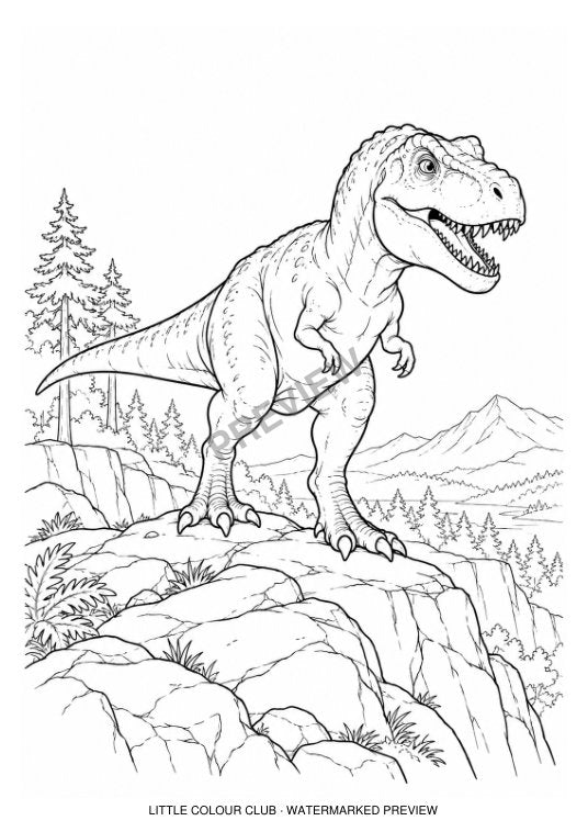 Young T-rex exploring a rocky ridge with distant trees, natural proportions – black-and-white dinosaur colouring page for ages 7-8
