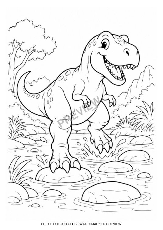 T-rex splashing through a shallow stream with stepping stones – black-and-white dinosaur colouring page for ages 5-6