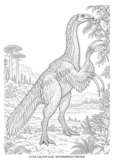 Detailed feathered Therizinosaurus browsing foliage with long curved foreclaws, herbivorous peaceful pose – black-and-white dinosaur colouring page for ages 13+