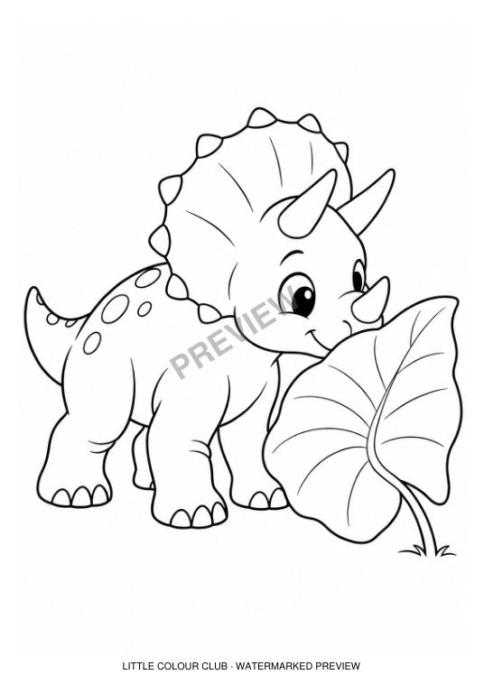 baby Triceratops sniffing one enormous leaf, side three-quarter view – black-and-white dinosaur colouring page for ages 3-4