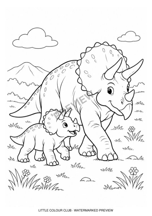 Adult and baby Triceratops walking together in a simple meadow – black-and-white dinosaur colouring page for ages 5-6
