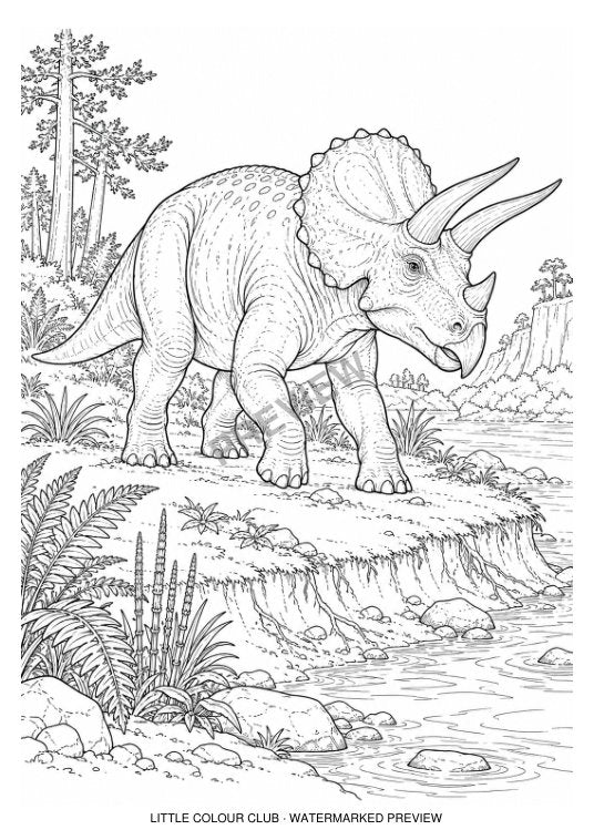 Triceratops walking beside an eroded riverbank – black-and-white dinosaur colouring page for ages 9-12