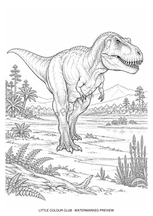 Tyrannosaurus rex walking across a late Cretaceous floodplain, two-fingered short arms – black-and-white dinosaur colouring page for ages 13+